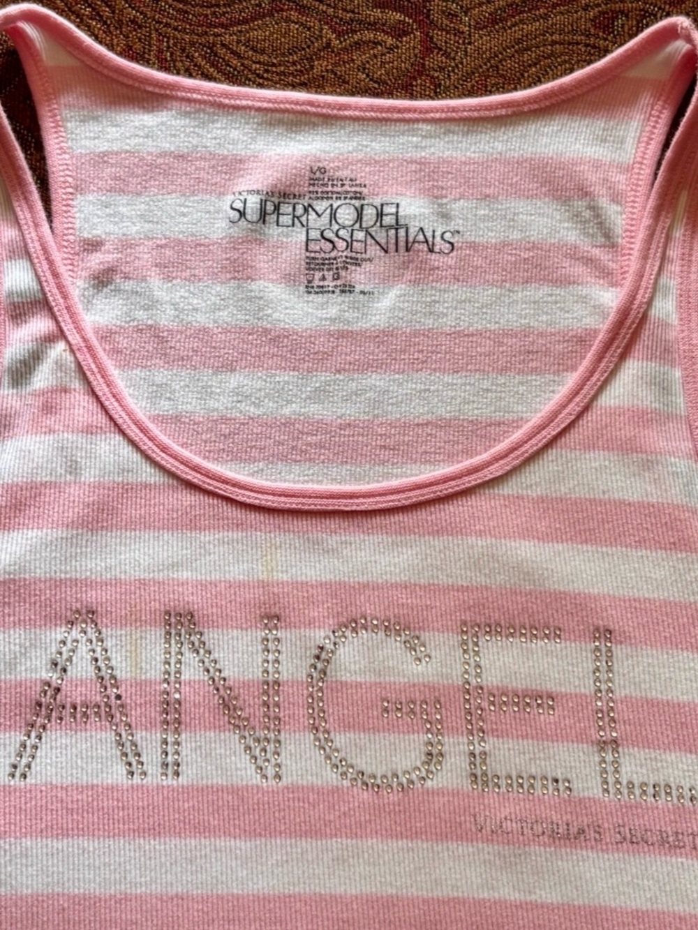 Victoria’s Secret Pink & White Striped 'ANGEL' Rhinestone Tank Top. Sz. L - Picture 2 of 5
